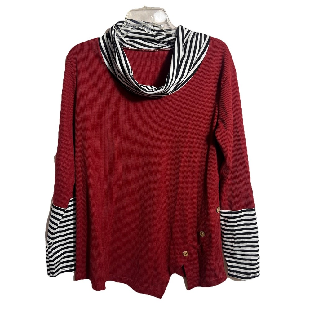 Women's Large Cowl Neck Black‎ White Stripe Red Waffle Knit Tunic Sweater Blouse